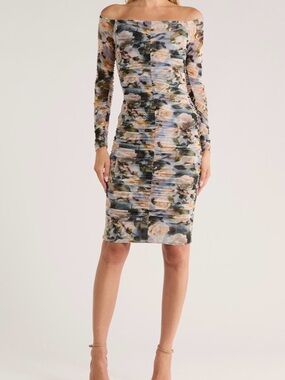 L'AGENCE Off-Shoulder Ruched Floral Midi Dress in Multi-Color